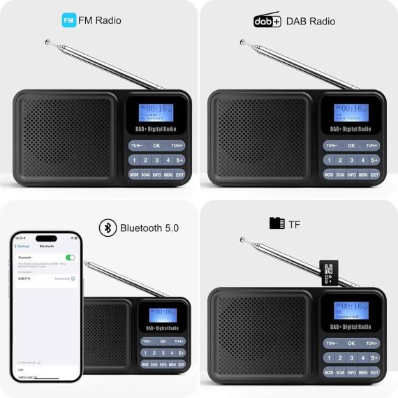 Портативное DAB-радио, FM, Bluetooth, USB, TF, AUX, с аккумулятором 2000 мАч и солнечная панель | Зображення 4