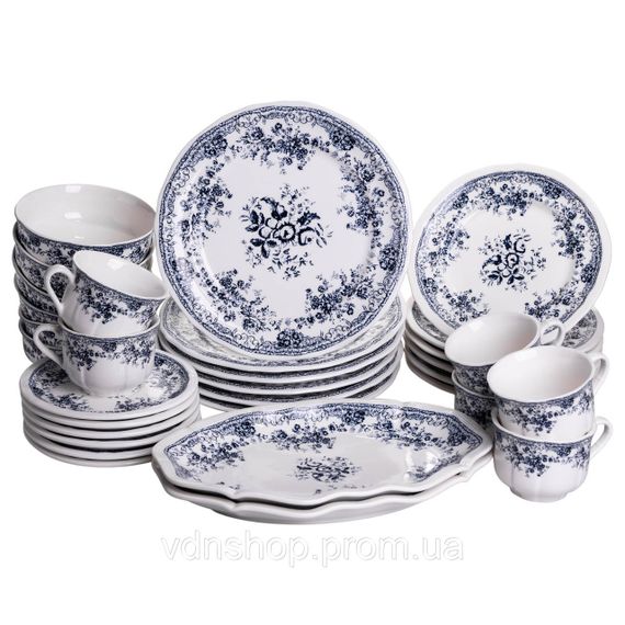 Столовый набор посуды тарелок и чашек 32 предмета на 6 персон Vintage Elegant фарфоровый, обеденный столовый сервиз тарелок Синий