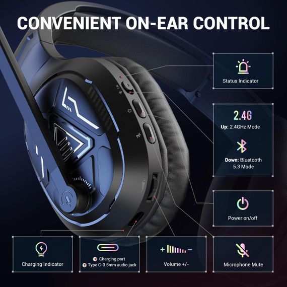 Беспроводная игровая гарнитура Bluetooth 2,4 ГГц, 3,5 мм наушники накладные полноразмерные для PC PS4 PS5 Mac | Зображення 2