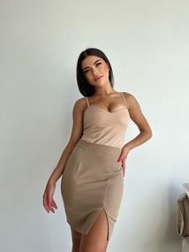 Женская короткая юбка с разрезом из костюмки NA982  размер 42/44, цвет бежевый