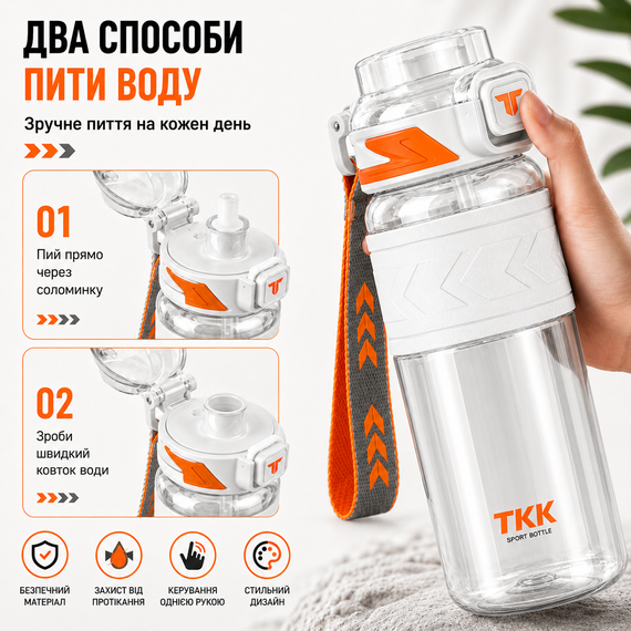 Бутылка спортивная TKK Tritan 1000 мл -Белая, ударопрочная, BPA-free, с ремешком и откидной крышкой | Зображення 6