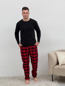 Домашня піжама для чоловіків COSY із фланелі (штани+лонгслів чорний) червоно/чорні