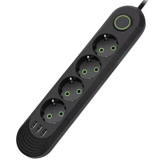 Мережевий фільтр F04U, 4 розетки EU + 3 USB, 1.5 м, перетин 3х0, 75мм, 2500W, Black, Box