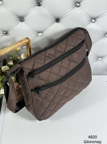 Велика жіноча сумка тканинна плащівка стьобана Темно-коричнева | Зображення 2