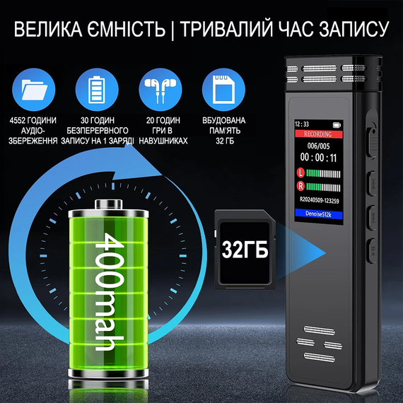Профессиональный цифровой диктофон с активацией голосом Savetek GS-R77, 32 Гб, до 30 часов записи | Зображення 2