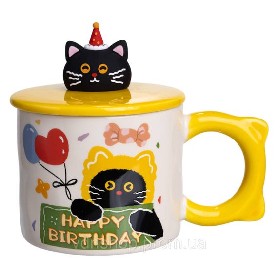 Чашка порцелянова з кришкою Kitten's Birthday 400 (мл) подарункова кружка прикольна чашка для дітей на подарунок Жовтий FM-24B | Зображення 2