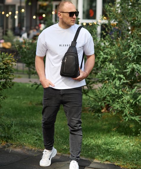 Сумка-слінг чоловіча чорна через плече з натуральної шкіри TIDING BAG 32545 | Зображення 7