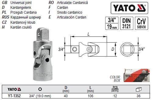 Карданний шарнір M=3/4"(19) L=106 мм YATO Польща YT-1352