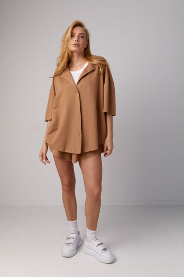 Трикотажный костюм с шортами клеш и рубашкой oversize - коричневый цвет, M (есть размеры) | Зображення 6