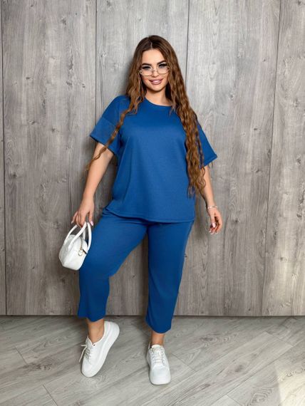 Женский летний костюм футболка и укороченные штаны большие размеры и батал KF090 цвет синий, размер 56/60