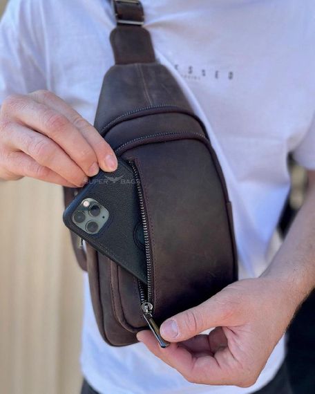 Чоловічий слінг зі шкіри крейзі хорс в коричневому кольорі 6349 | Зображення 3