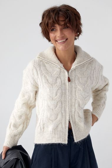 Теплий кардиган в косички на блискавці - бежевий цвет, ONE SIZE (є розміри)