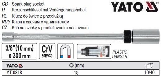 Ключ для свічок, магнітний YATO : 3/8", 18 х 300 мм [10/40] YT-0818