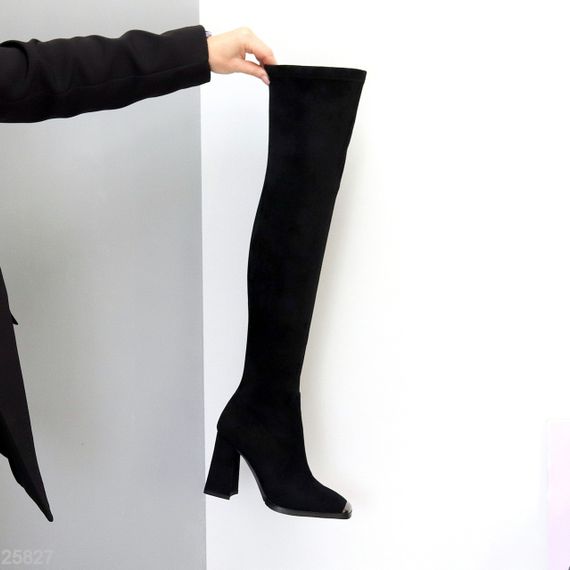 Шикарні чорні ботфорти замшеві стрейч на стійкому підборі | Зображення 1