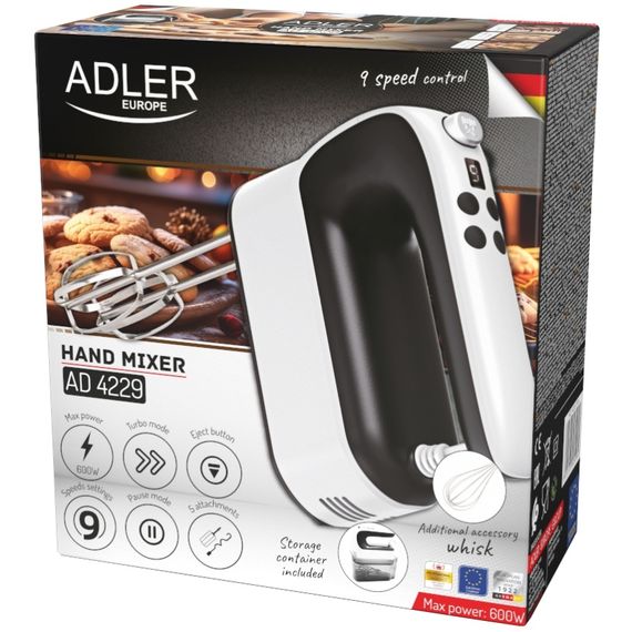 Міксер Adler AD 4229 ручний/ 600Вт/ 9 швидкостей/ Turbo/ контейнер для аксесуарів/ білий | Зображення 6