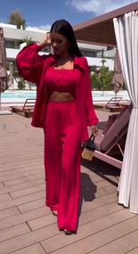 Женский летний костюм тройка брюки палаццо + рубашка + топ-бандо LY25030 цвет красный, размер 46/48