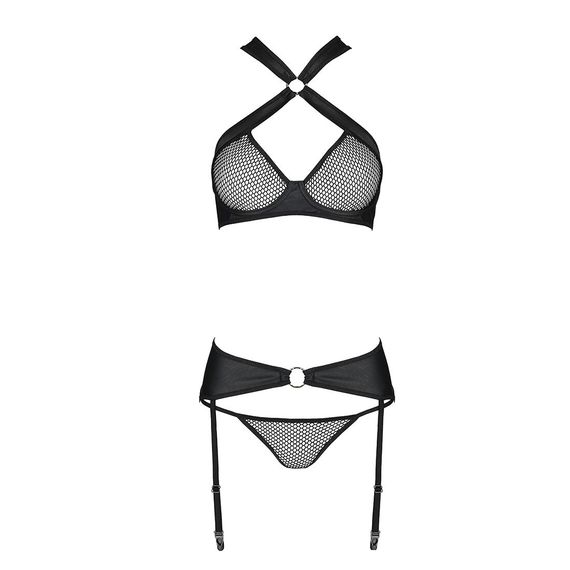 Сітчастий набір, бюстгальтер з халтером, трусики та пояс для панчох AMANDA SET S/M, black | Зображення 3