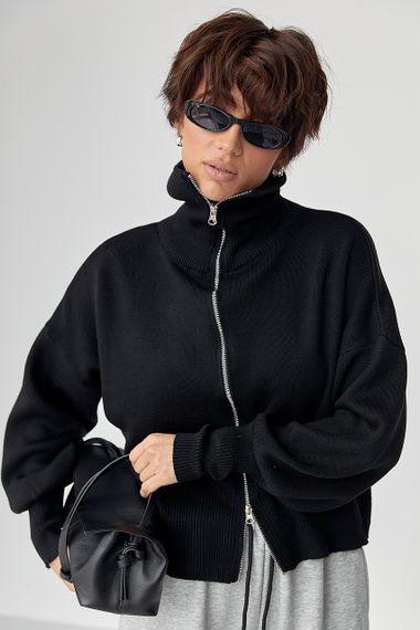 Трикотажний вільний кардиган на блискавці - чорний цвет, ONE SIZE (є розміри) | Зображення 4