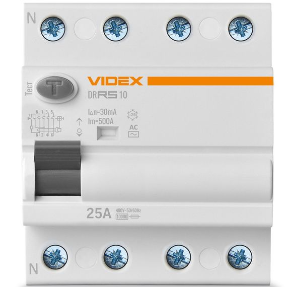 Пристрій захисного відключення (ПЗВ) VIDEX RESIST АС 4п 30мА 10кА 25А (VF-RS10-DR4AC25) | Зображення 1