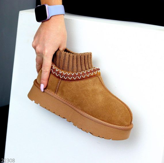 Низкие угги с текстильным манжетом натуральная замша цвет Карамель | Зображення 1