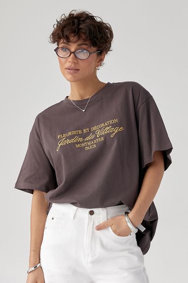 Вільна однотонна футболка з вишитими написами - коричневий цвет, ONE SIZE (є розміри) | Зображення 4