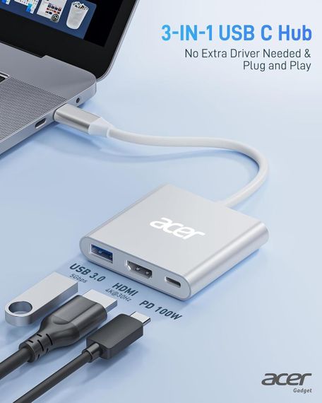 Acer USB-C Hub — 4K HDMI адаптер із PD 100 Вт і портом USB-A 3.0, багатопортовий цифровий перехідник | Зображення 1