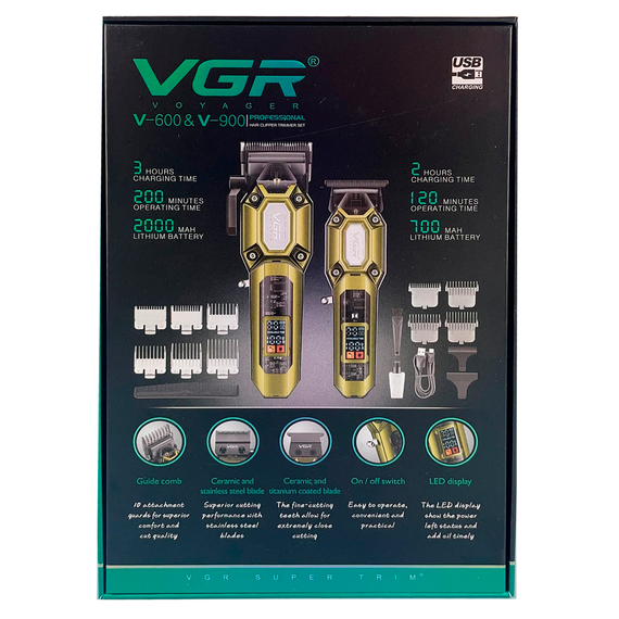 Набір для стрижки VGR 2 в 1 V-600&amp;900 GOLD, машинка для стрижки і тример, 10 насадок, LED дисплей | Зображення 1