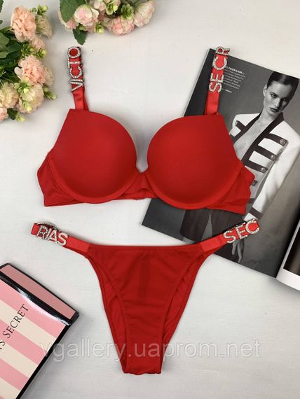 Комплект червоної жіночої нижньої білизни Victoria's Secret Модель Букви Стрази Вікторія Сікрет