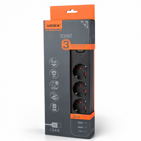 Мережевий подовжувач із заземленням 3 розетки/2USB-A/1Type-C 3м з кнопкою чорний VF-PD33G2U1C-B Oncord Videx