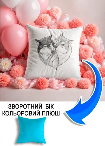 Подушка плюшева Мерч Крафт Дизайн з принтом вовки 6 блакитний плюш квадратна 33х33 см