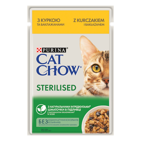Вологий корм для дорослих котів Purina Cat Chow STERILISED ніжні шматочки в соусі з куркою та баклажанами. 85 г 85 г