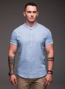 Мужская льнаная рубашка с коротким рукавом и воротником стойка на трех пуговицах RA1504 цвет голубой, размер XXL