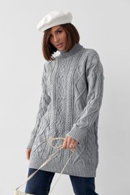 Женская вязаная туника с высоким воротником и косичками - серый цвет, S (есть размеры)