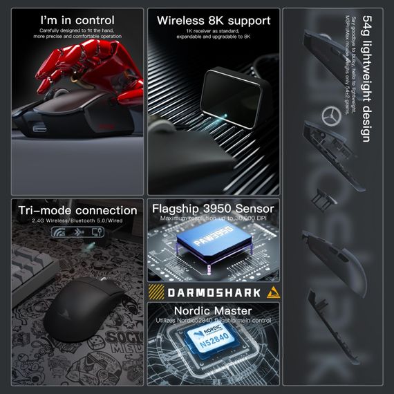 Бездротова ігрова миша Darmoshark M3 PRO MAX PAW3950 Tri-Mode 2.4G/USB-C/Bluetooth Чорна | Зображення 1