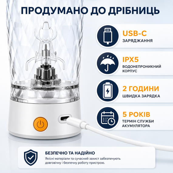 Электрический шейкер 650 мл с LED подсветкой и контейнером для смеси, Белый | Зображення 5