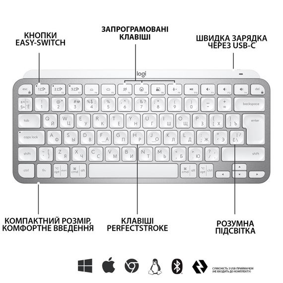 Клавіатура Logitech MX Keys Mini Minimalist Wireless US Pale Grey (920-010499) | Зображення 5