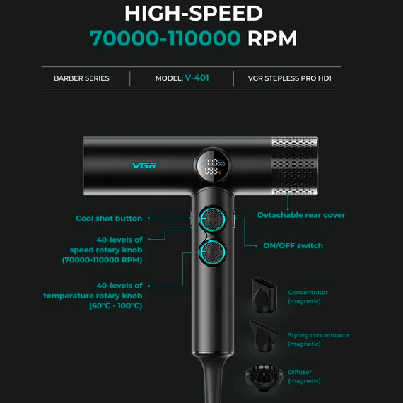 Фен профессиональный VGR V-401 BLACK, 40 уровней обдува, 40 уровней температуры, 3 насадки | Зображення 2
