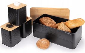 Хлібниця Kamille Black&Wood 36х22х20см з дерев'яною кришкою + 3 ємності для зберігання, чорна