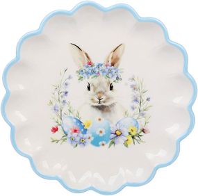 Тарілка для яєць великодня "Кролик у Квітах" Ø20см з блакитною облямівкою