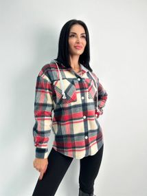 Женская теплая рубашка в клетку с капюшоном флис GF04163 цвет красный, размер 42/44