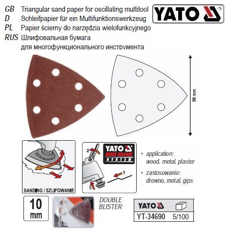 Набор бумага папір шліфувальний для реноватора 90х90х90 10 штук YATO YT-34690