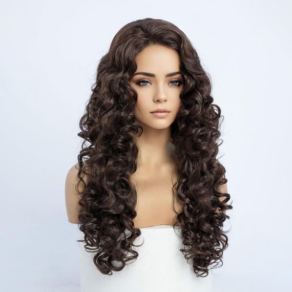 Перука жіноча довга кучерява термостійка 60 см каштанова, коричнева, синтетичне волосся для косплею, свят, Геловіну | Зображення 1