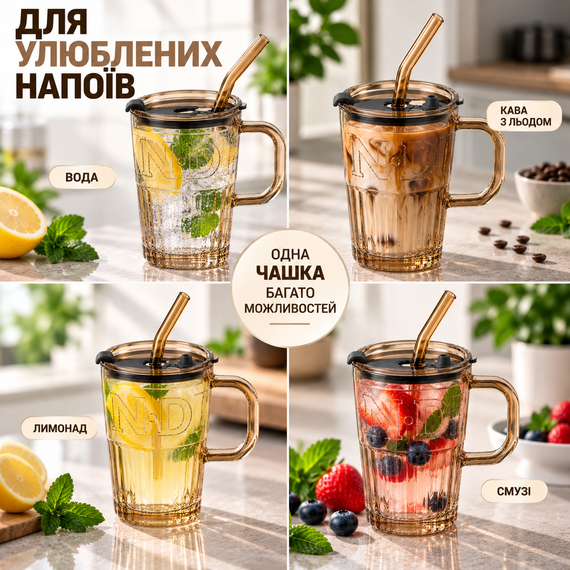 Стеклянная чашка 400 мл с ручкой, крышкой и многоразовой трубочкой, боросиликатное стекло, коричневая | Зображення 7