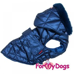 Теплая зимняя куртка-попона для собак For My Dogs"BLUE SILK"на шелковом подкладе, с капюшоном, синий
