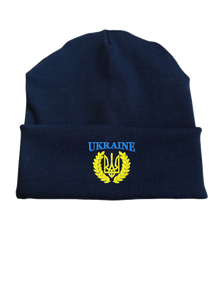 Трикотажна Шапка чоловіча демісезонна Ukraine в рубчик (кашкорсе), двошарова з вишивкою темно-синя