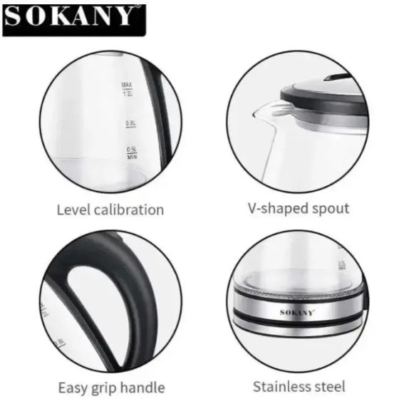 Скляний електрочайник 1500Вт Sokany SK-SH-1059, чайник із підсвічуванням на 1.2 л. | Зображення 5