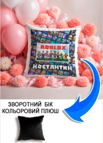 Подушка плюшева Мерч Крафт Дизайн з принтом roblox 1 імя Костянтин чорний плюш квадратна 33х33 см