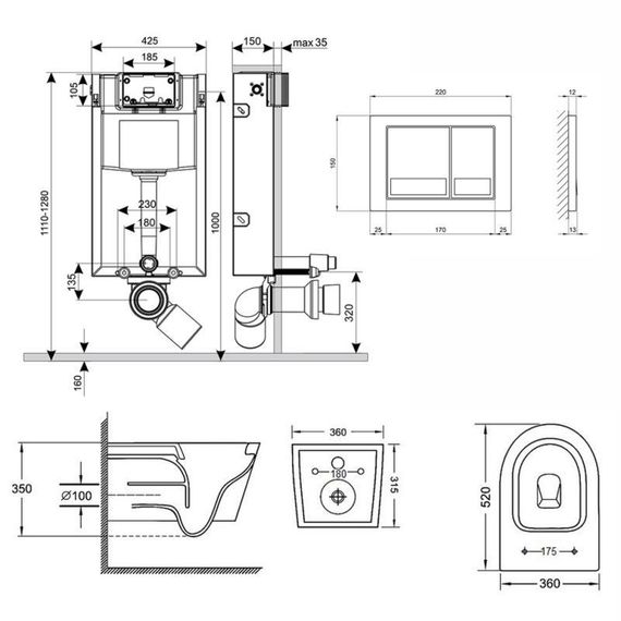 Готове рішення Qtap для ванної кімнати: підвісний унітаз Jay Rimless 520х360х320 + комплект інсталяції Nest 4 в 1 (квадратна | Зображення 1