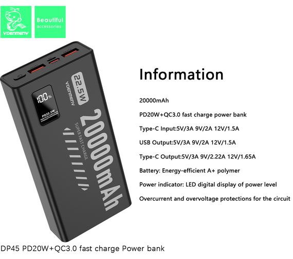 Павербанк DENMEN DP45 20000 мАг 22.5W Fast Charge з LED дисплеєм, 3 виходи, швидка зарядка PD/QC, чорний | Зображення 5