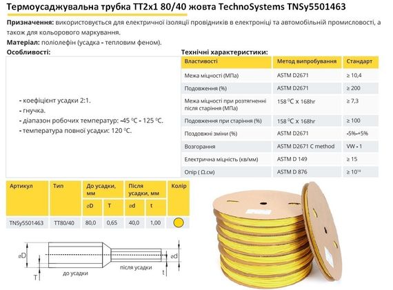 Термоусадочная трубка ТТ2х1 80/40 желтая в рулонах 25м Ny95501463 | Зображення 1